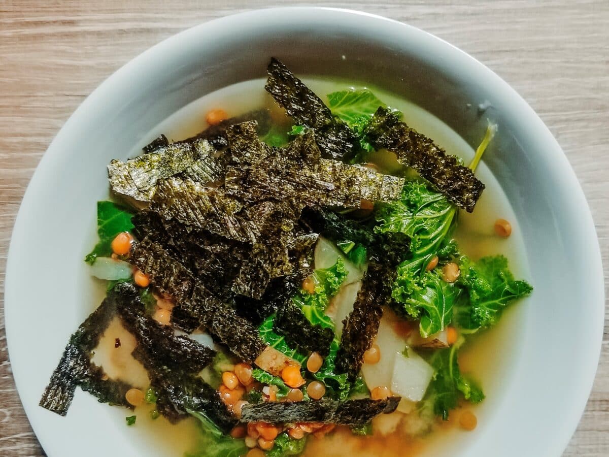 lentil miso soup with kale and nori