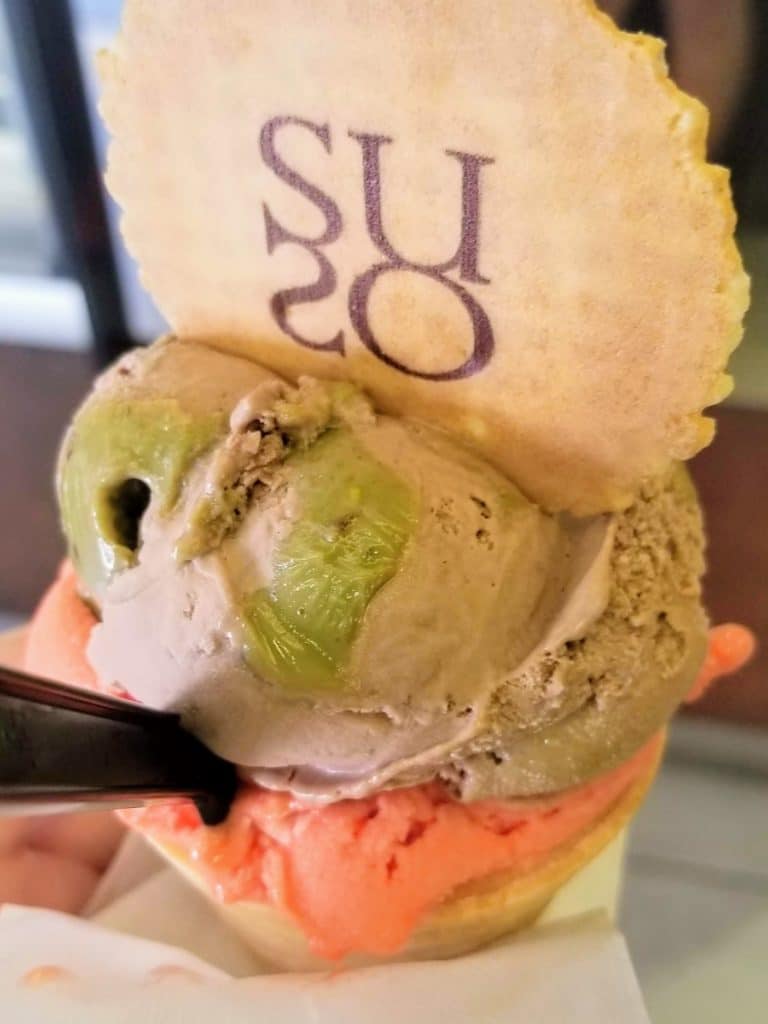 pistachio and watermelon ice cream at gelatoteca suso venice