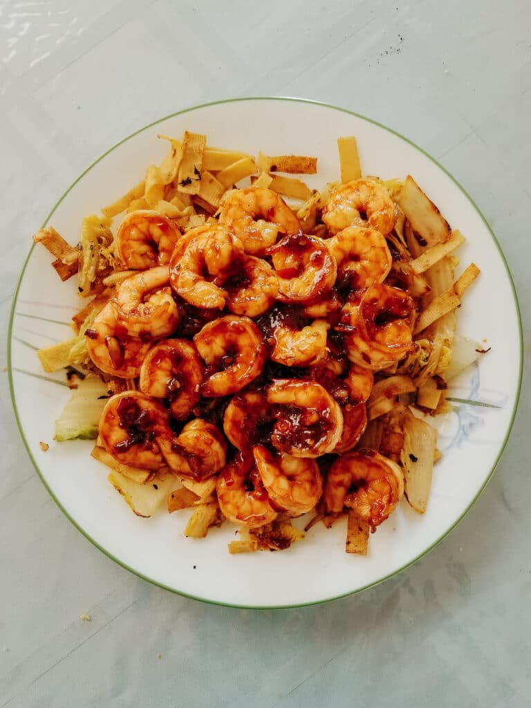 spicy chili garlic shrimp on napa cabbage and beancurd skin, from big flavors tiny kitchen