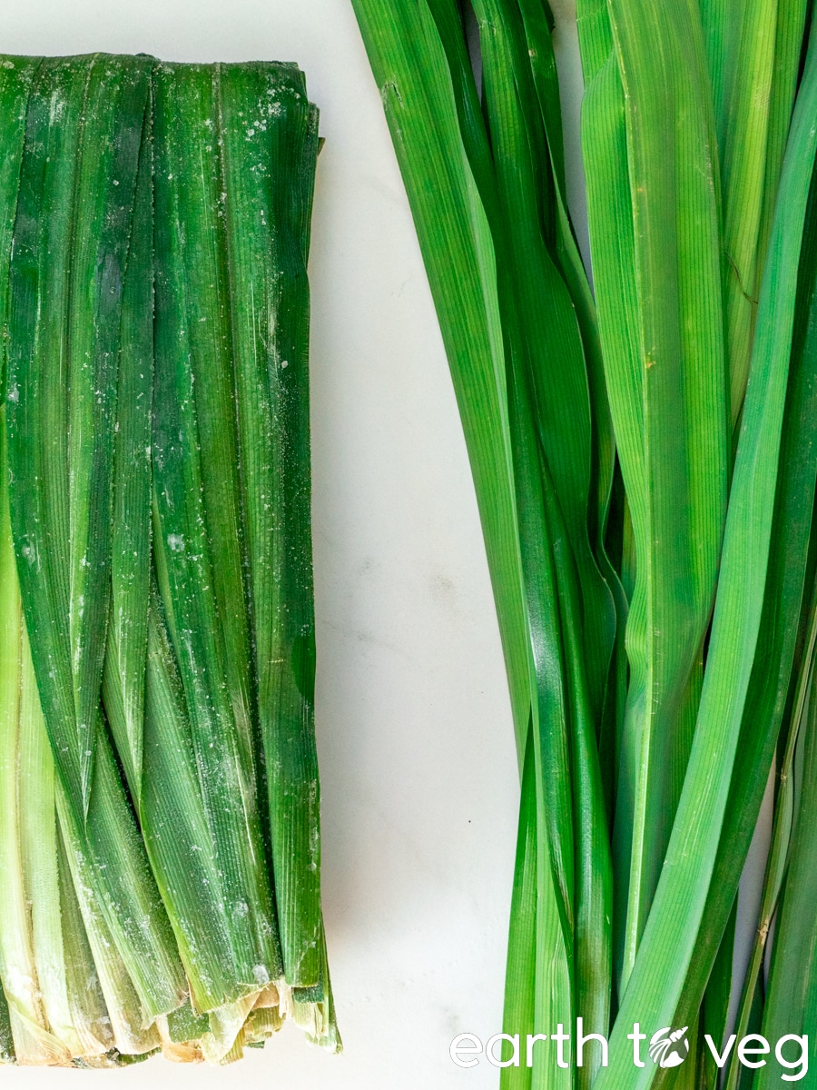 A brick of frozen pandan leaves next to a bundle of fresh pandan leaves, side by side on a white counter.