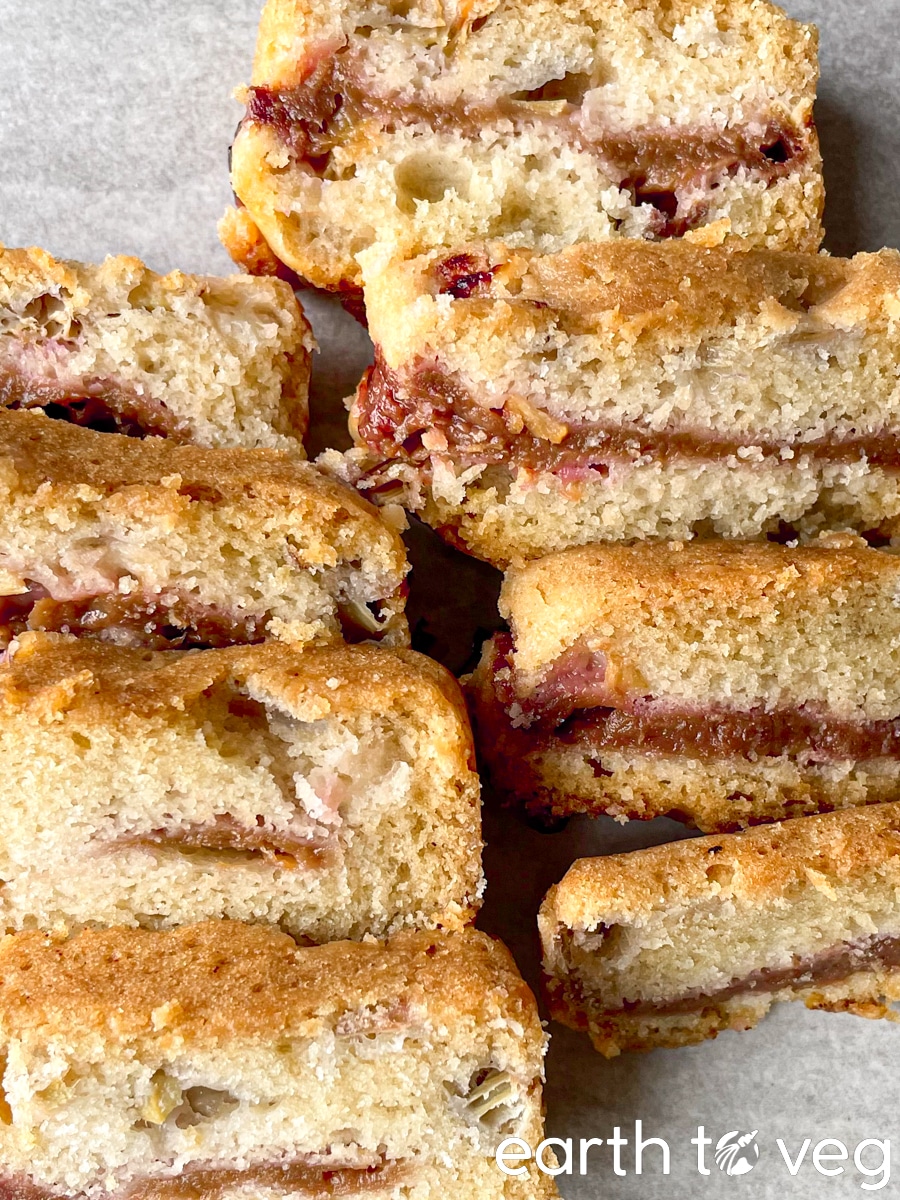 vegan rhubarb quick bread slices