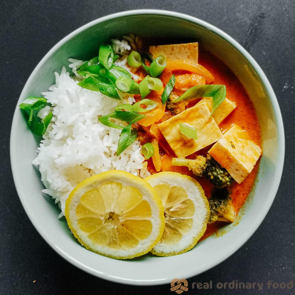 thai red curry (kaeng phet) over steamed rice