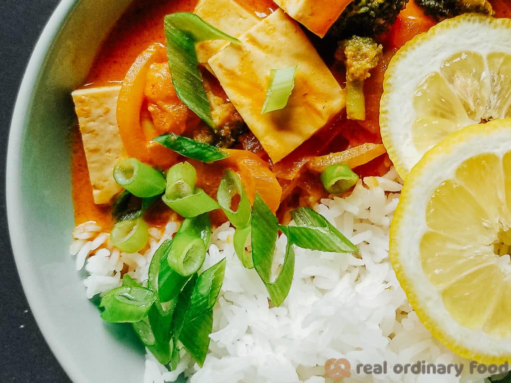 thai red curry (kaeng phet) over steamed rice