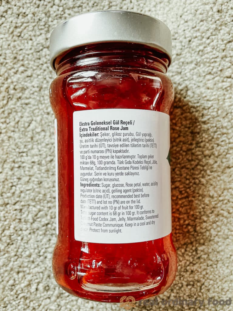 ingredients of tat brand rose jam (gül reçeli)