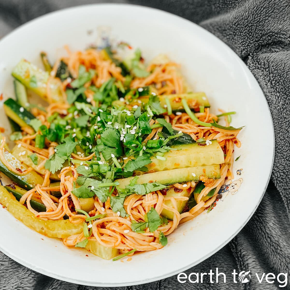 Cucumber bean curd salad is topped with fresh herbs (cilantro and scallion) and shichimi togarashi.