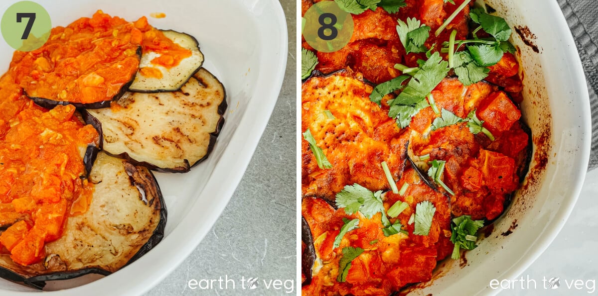 Roasted eggplant slices are layered with tomato gravy in a white casserole dish. An eggplant casserole in a white Corning Ware dish is topped with fresh cilantro.