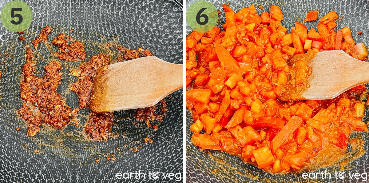 Masala spices, crushed garlic, and ginger are pushed back and forth in a pan by a wooden spatula, and chopped tomatoes simmer into a gravy.