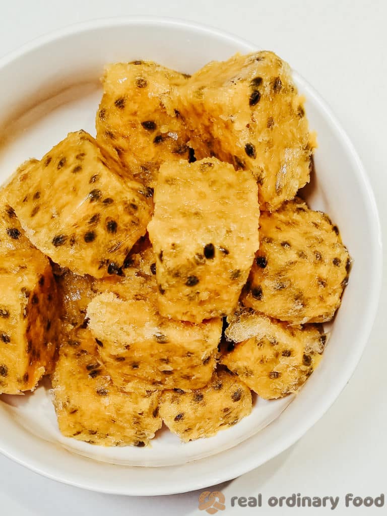 bowl of frozen passion fruit cubes