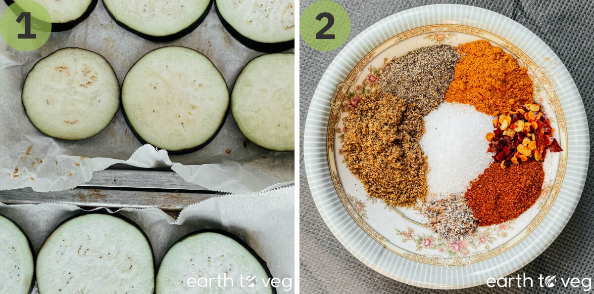 Eggplant slices lying side-by-side on a parchment paper lined baking sheet, and the spices for borani banjan are laid out on a small saucer on a grey tablecloth.