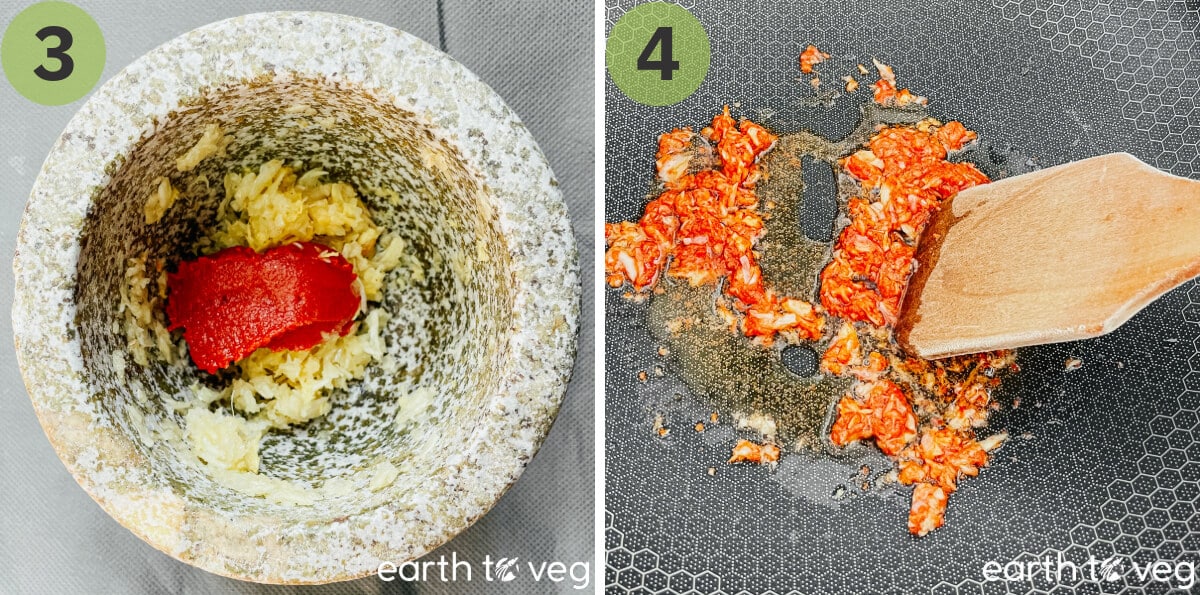 Tomato paste, crushed garlic, and crushed ginger in a stone mortar and pestle. Meanwhile, garlic, ginger, and tomato paste are tempered in a skillet.