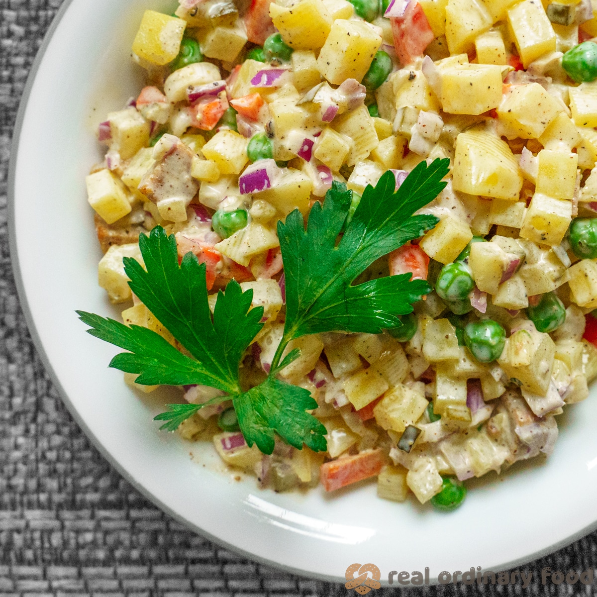bowl of vegan olivier salad