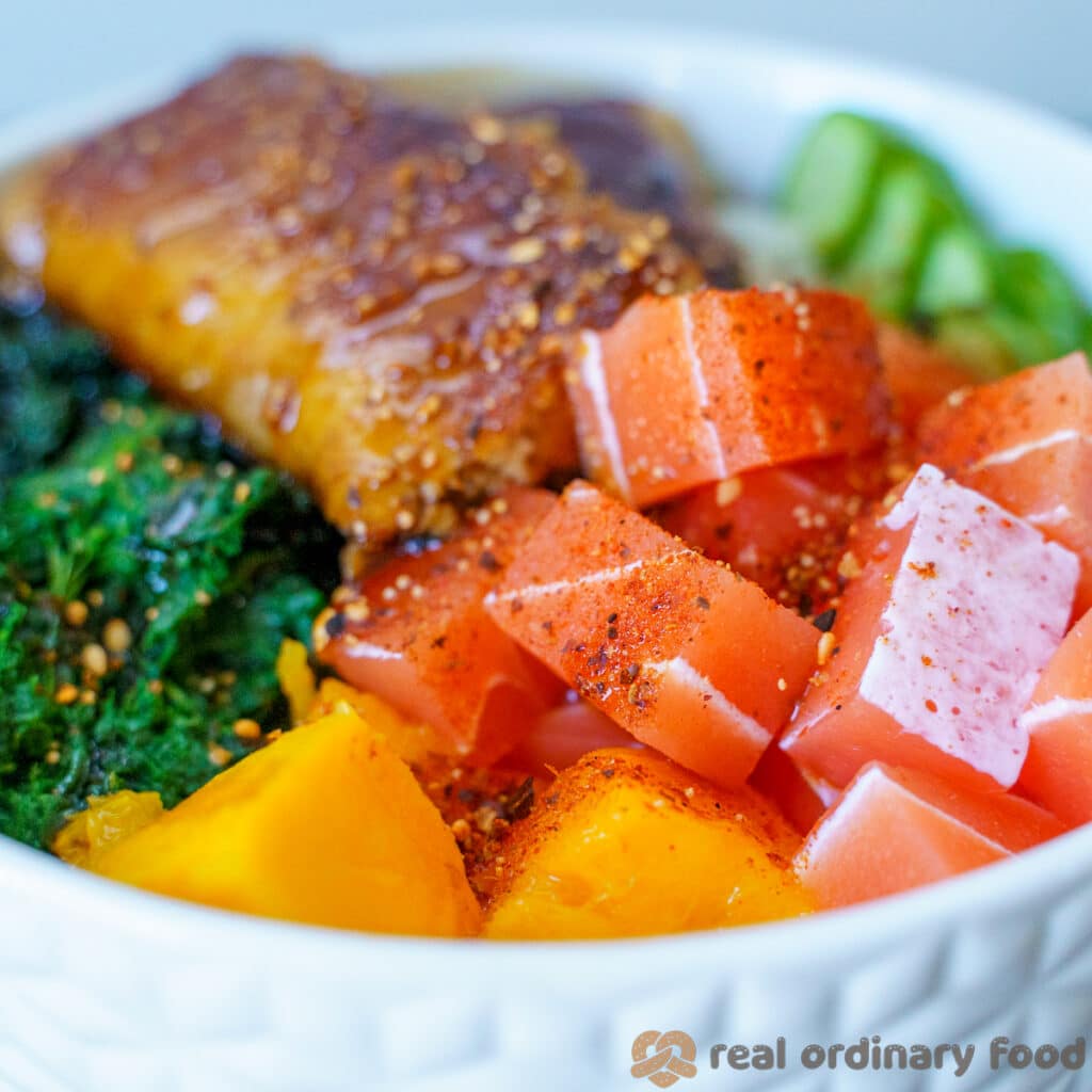 Vegan sashimi and unagi chirashi donburi.