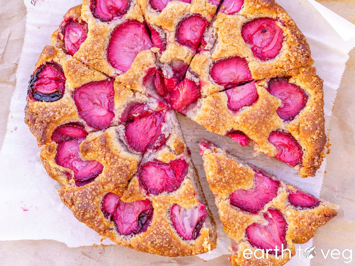 A top down view of vegan strawberry yogurt cake.