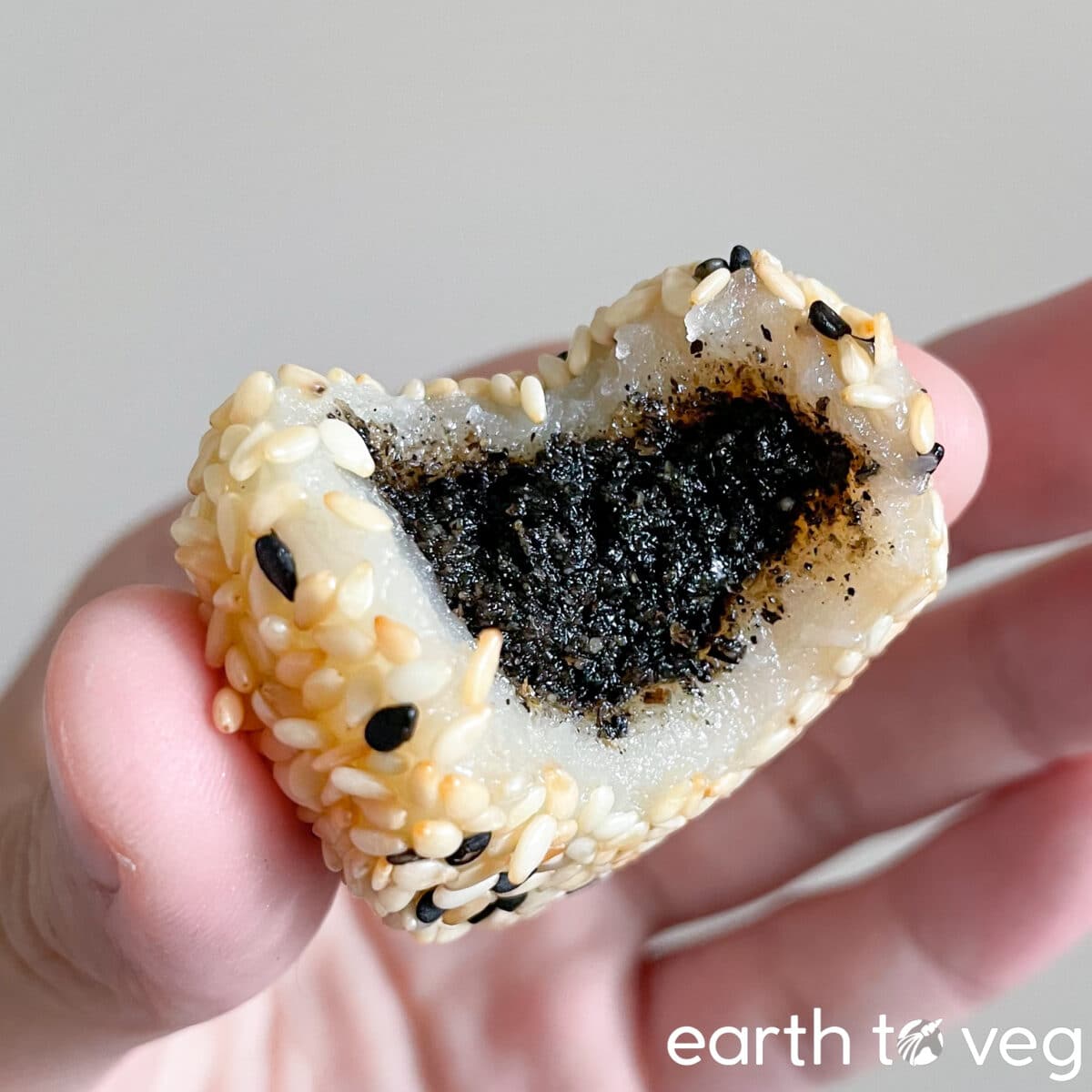 A hand holds up a vegan sesame seed paste mochi purchased from T&T.