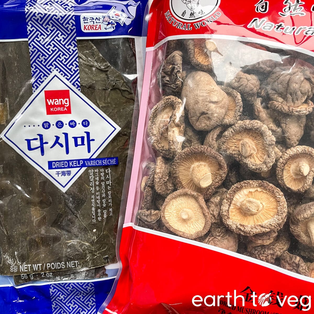 Dried kelp (kombu or dasima) and shiitake mushrooms in their original packaging.