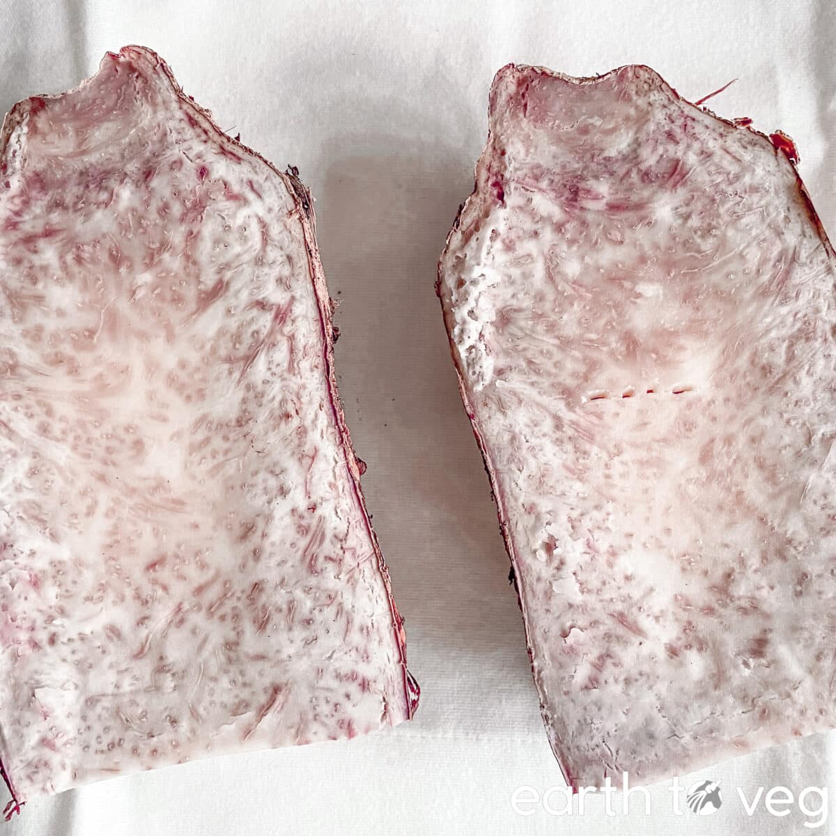 Two large slabs of cooked taro on a white tablecloth.