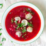 bowl of vegan borscht beet soup with vushka dumplings