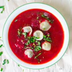 bowl of vegan borscht beet soup with vushka dumplings