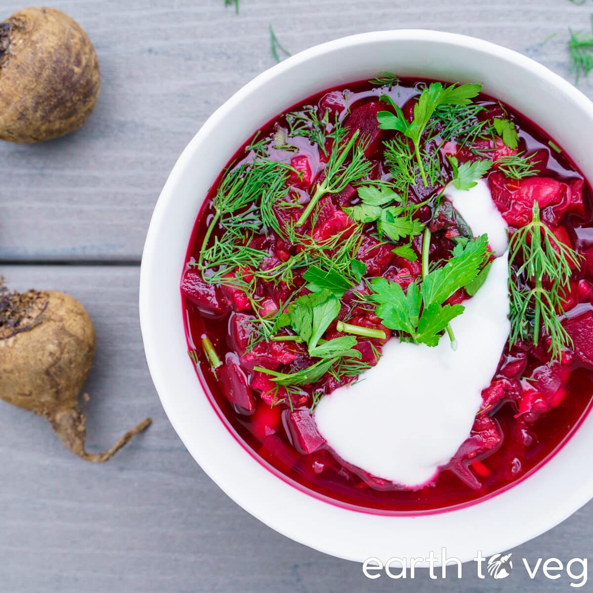 vegan ukrainian borscht with dill, parsley, and dairy free sour cream