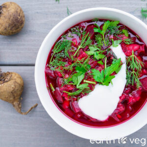 vegan ukrainian borscht with dill, parsley, and dairy free sour cream