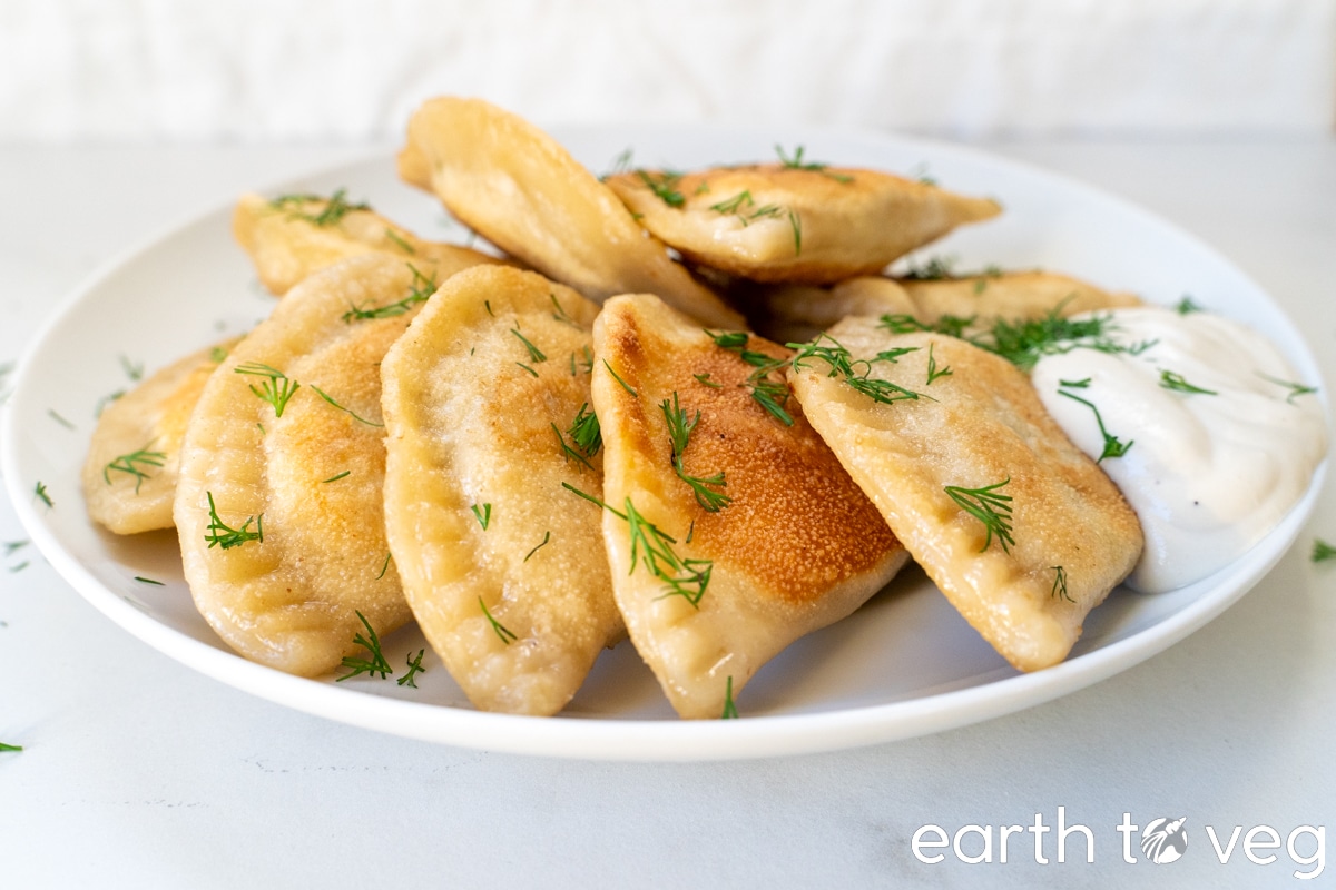 homemade pierogi with vegan sour cream