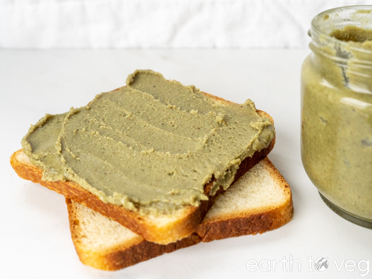 Pumpkin seed butter spread on homemade bread.
