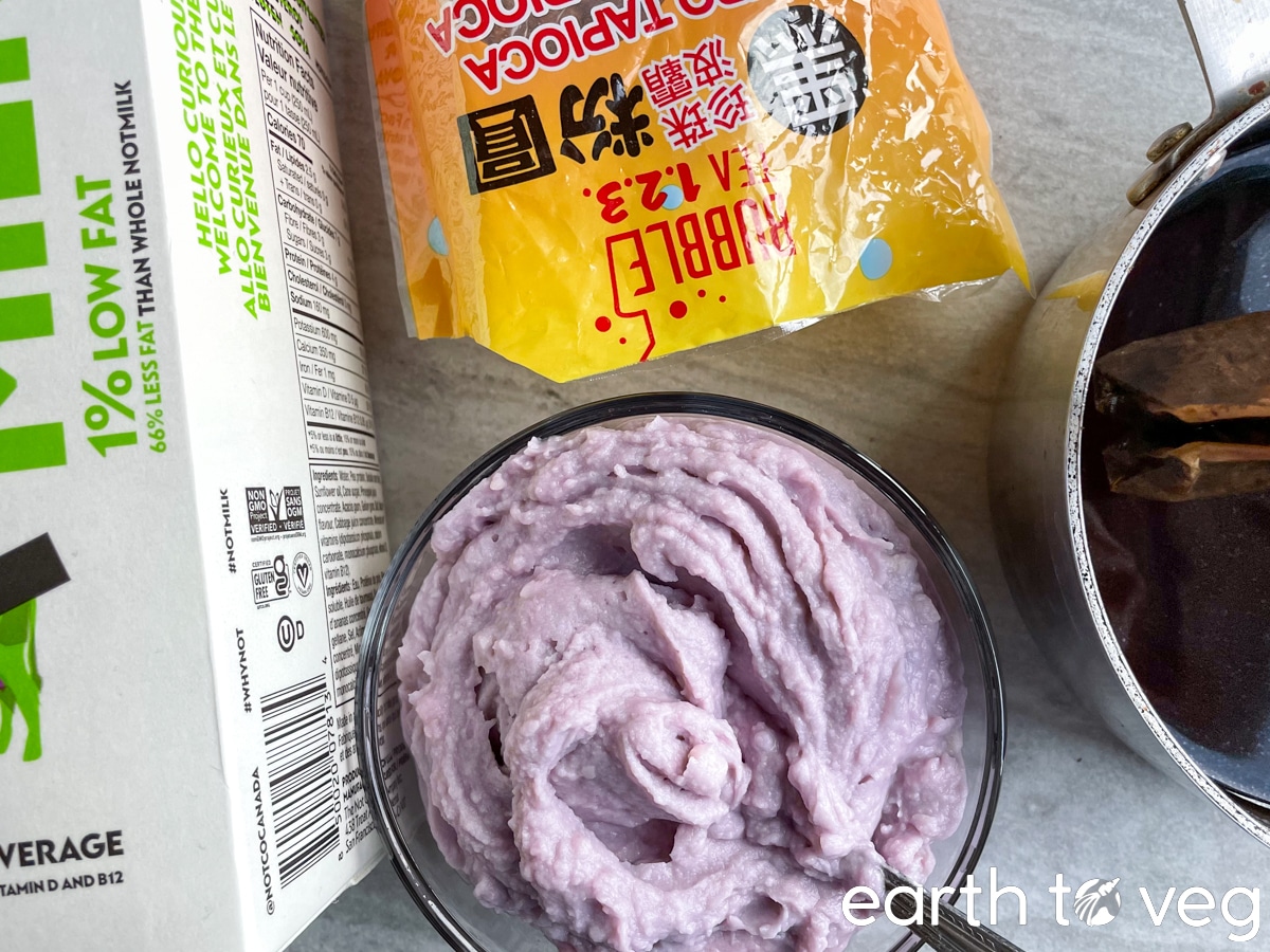 Ingredients for natural vegan bubble tea laid out on a grey counter.