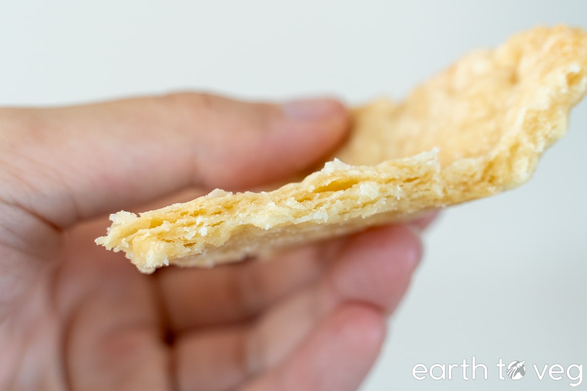 Hand holds up a piece of flaky baked shortening pie crust.