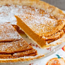 A plastic pie server lifts out a thick slice of coconut milk pumpkin pie from the pie plate.