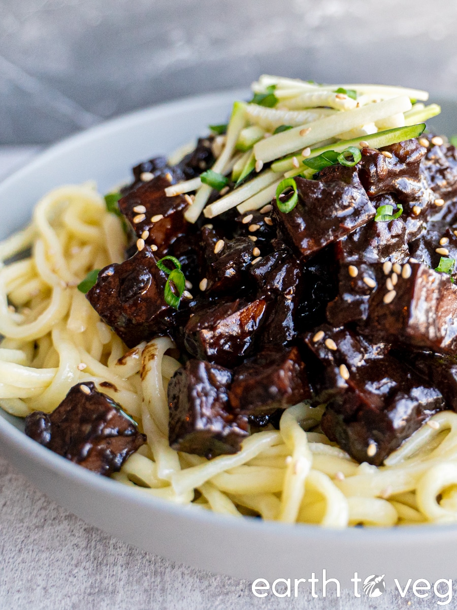 jjajang sauce over thick wheat noodles