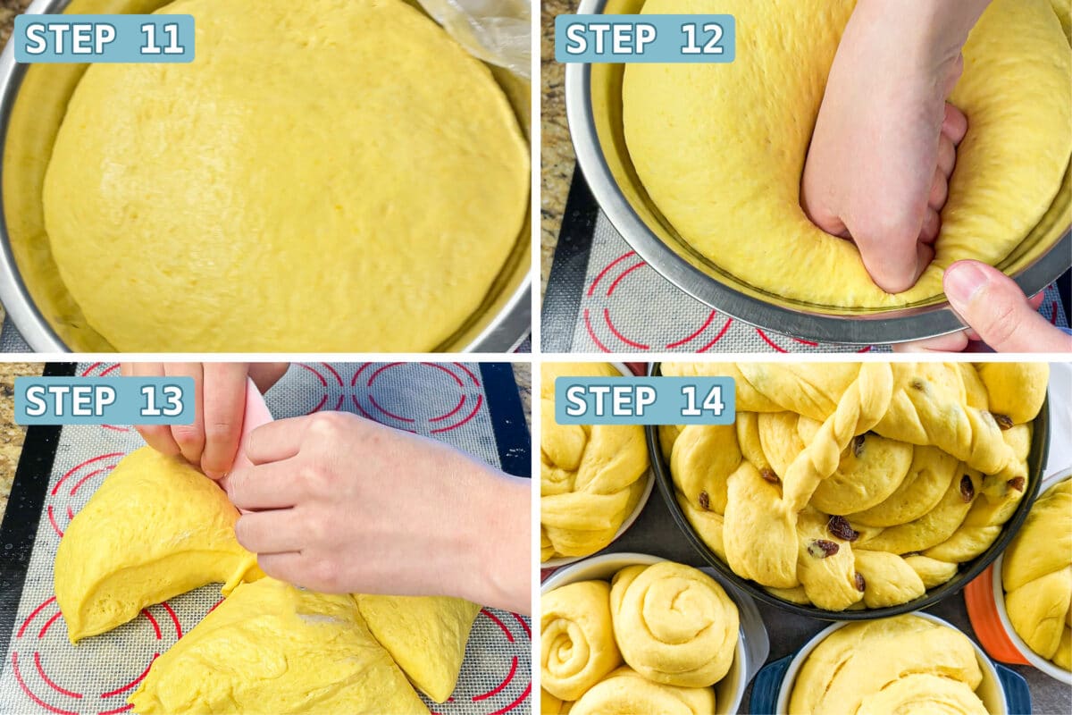 once risen, the paska dough is punched down and braided into shapes.