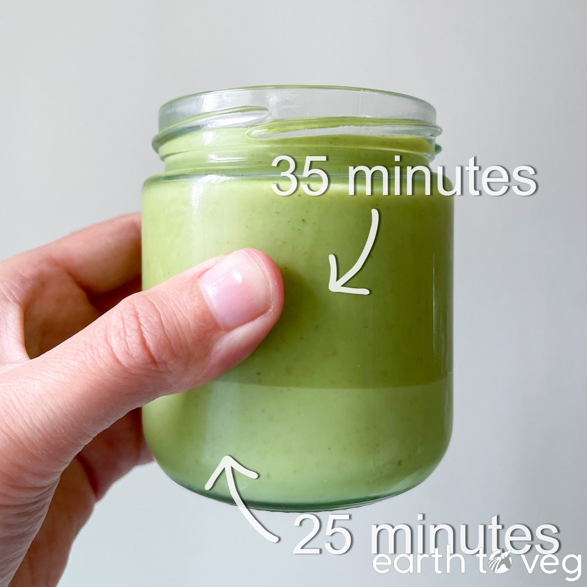 A jar of kaya with the top half labelled 35 minutes and the bottom half labelled 25 minutes.