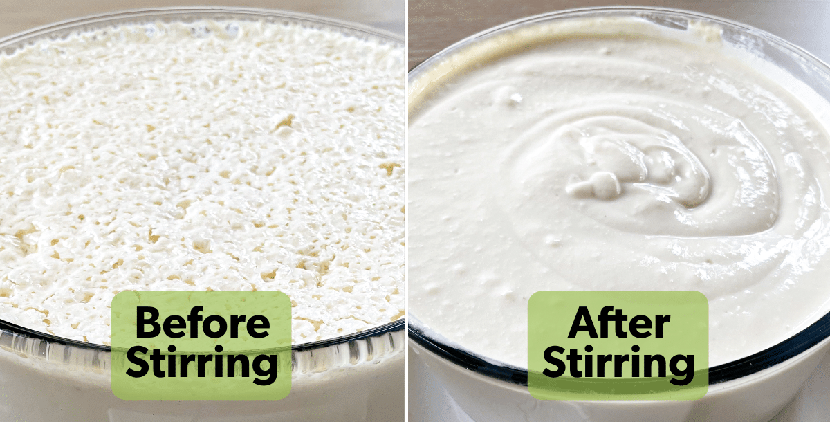 Comparison of vegan yogurt before stirring, which has a spongy texture, vs vegan yogurt after stirring, which has a creamy smooth texture.