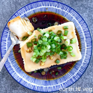 A top-down view of Japanese hiyayakko next to a spoon on a blue china plate.