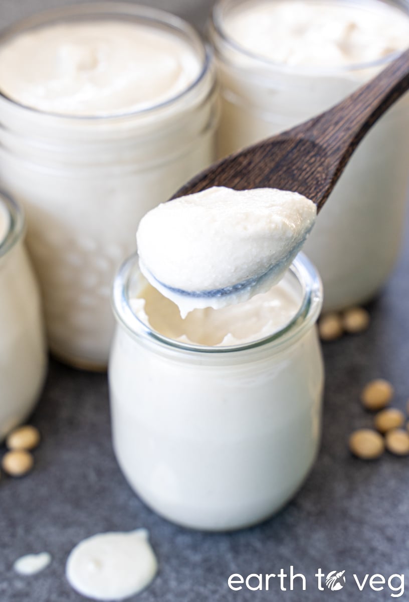 Cashew soygurt is spooned out from a small glass jar, flanked by additional jars of yogurt in the background.