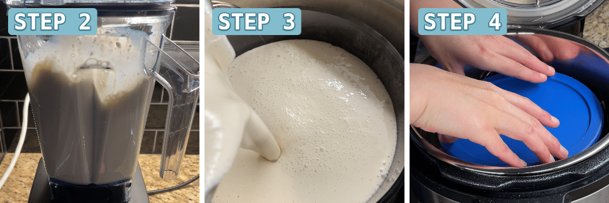 Steps 2 to 4 of the yogurt process involve putting the ingredients into a blender, pouring it into a glass container, and covering with a lid.