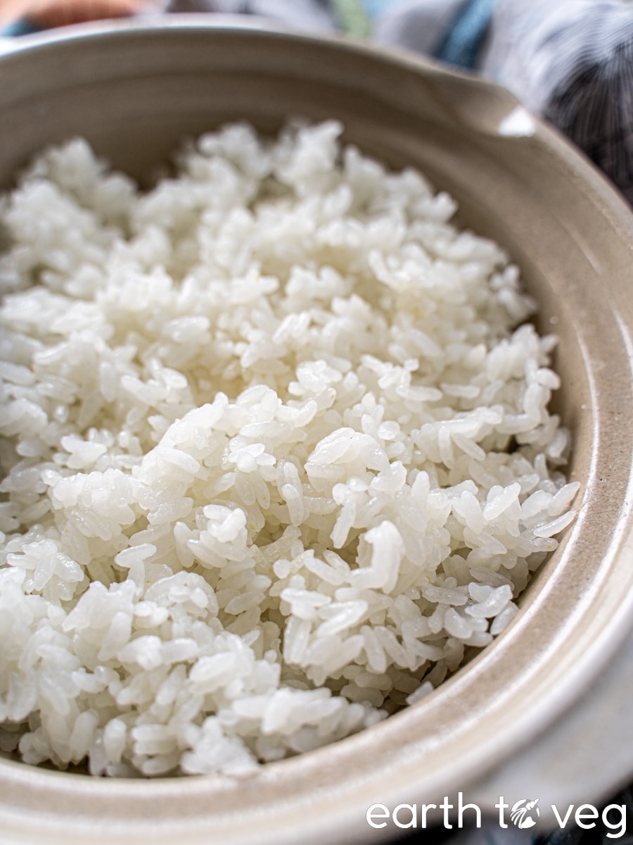 A bowl of plain koshihikari rice on a grey countertop.