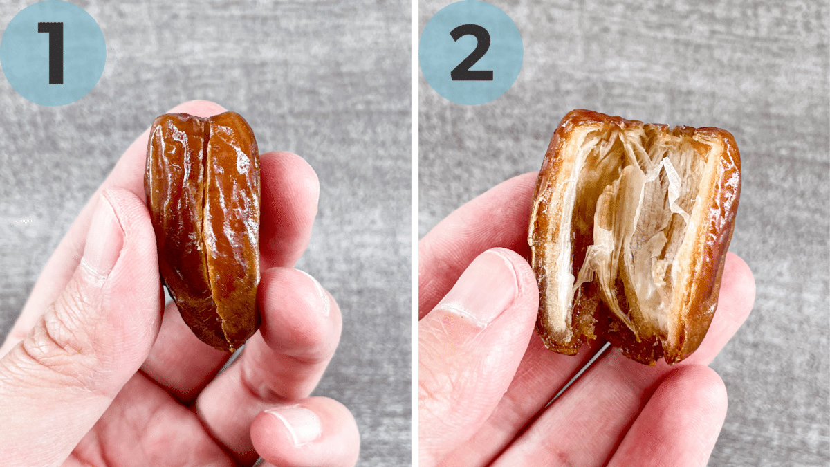 In the first photo, a hand holds up a Deglet Noor, showing its seam. The second photo shows the date cracked open from the seam to reveal the pitted inside.