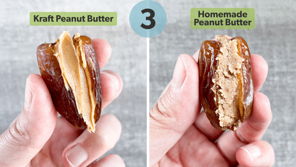 A hand holding up a date stuffed with Kraft peanut butter (in the left photo) contrasted with a hand holding up a date stuffed with homemade peanut butter (in the right photo).