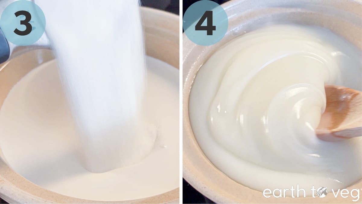 Step 3 (sugar is poured into simmering coconut milk) and Step 4 (thickening haupia is stirred in a pot with wooden spoon).