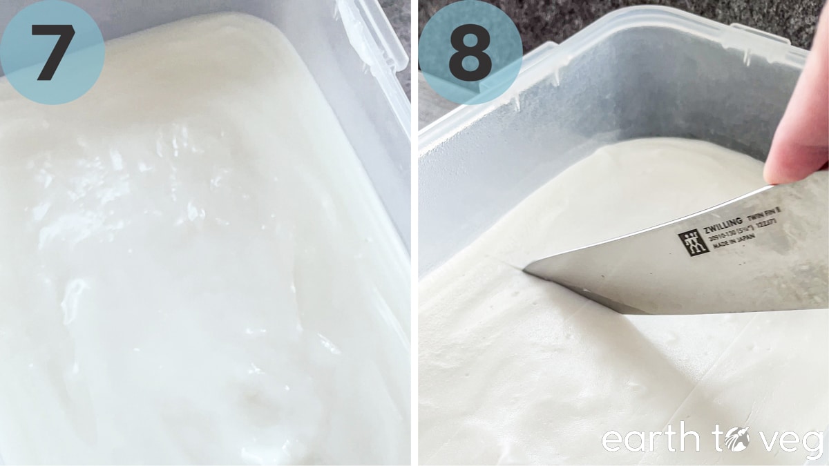 Step 7 (coconut haupia cools in a plastic mold) and Step 8 (knife slices through chilled and set haupia).