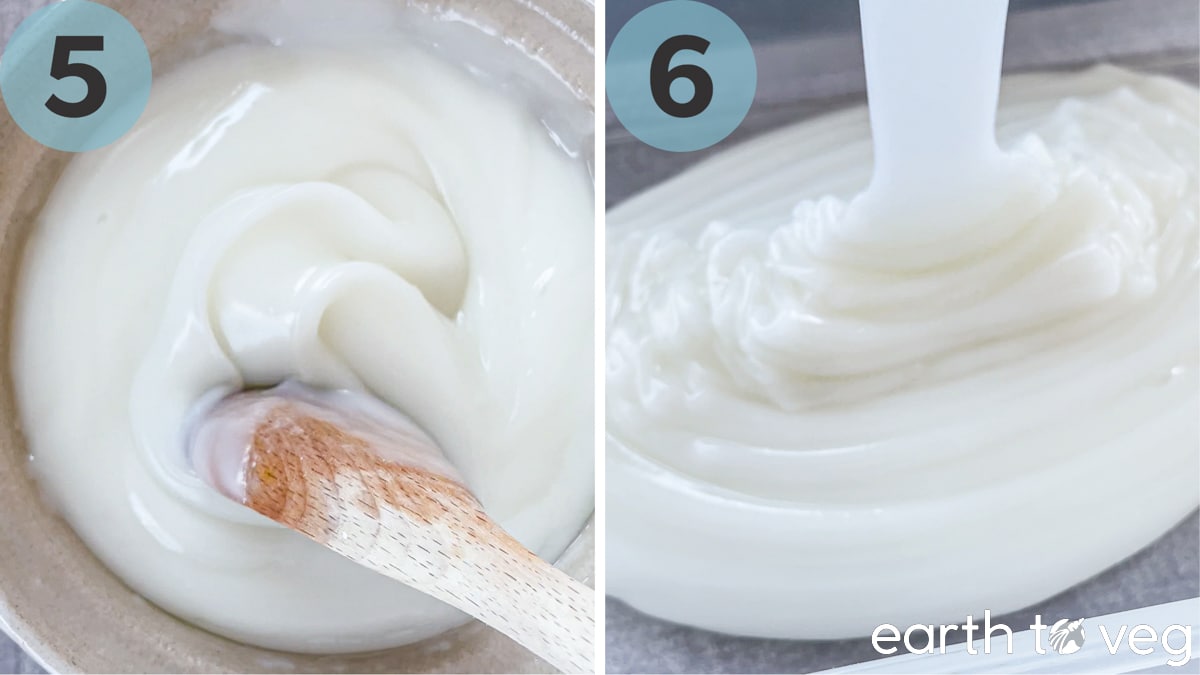 Step 5 (wooden spoon stirs through a pot of thickened coconut milk) and Step 6 (haupia is poured into plastic tupperware).
