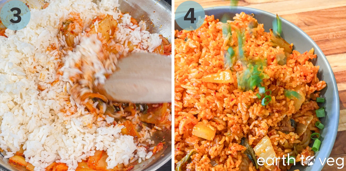 Steps 3 and 4 of making kimchi-bokkeumbap: Stir rice into the kimchi in the skillet, then top with sesame oil and scallions.