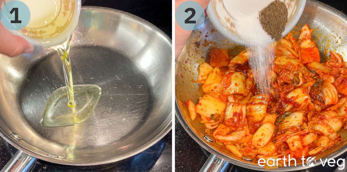 Steps 1 and 2 of making kimchi fried rice: Pour oil into a skillet, then add kimchi, gochujang, and sugar and ground pepper.