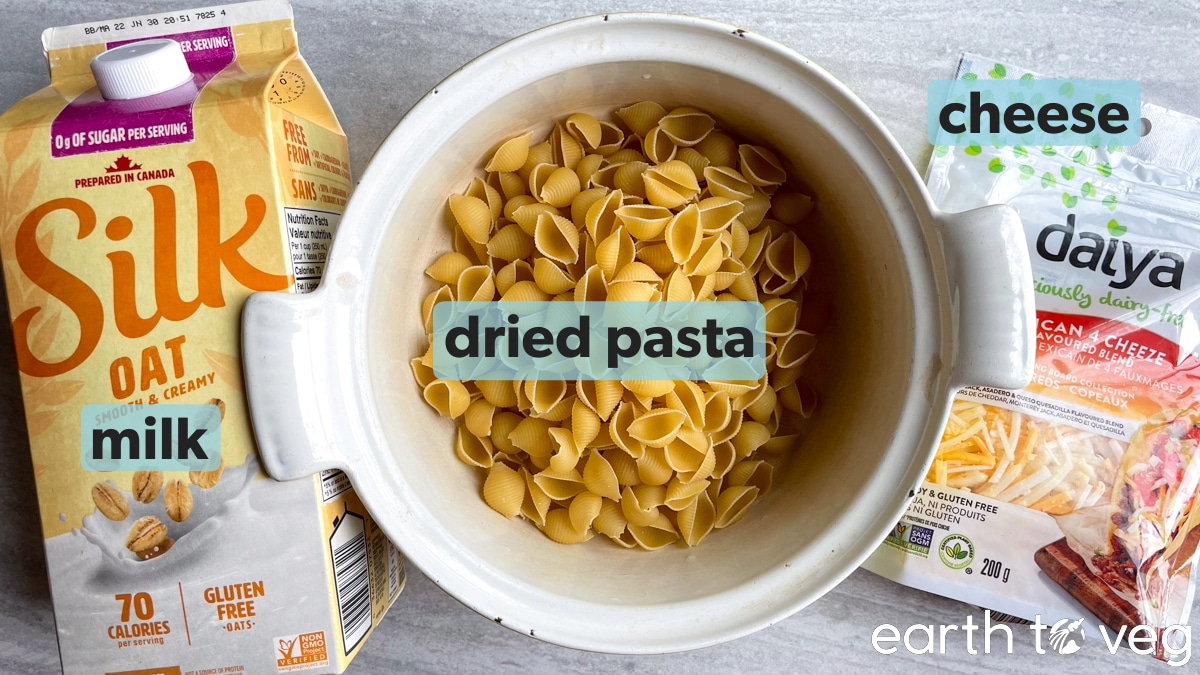 A carton of oat milk, a pot full of dried shell pasta, and a package of Daiya cheese are laid out on a grey surface.