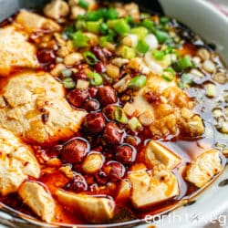 Spicy Sichuan doufunao (tofu pudding) submerged in a soy-chili based sauce, topped with green onions and peanuts.