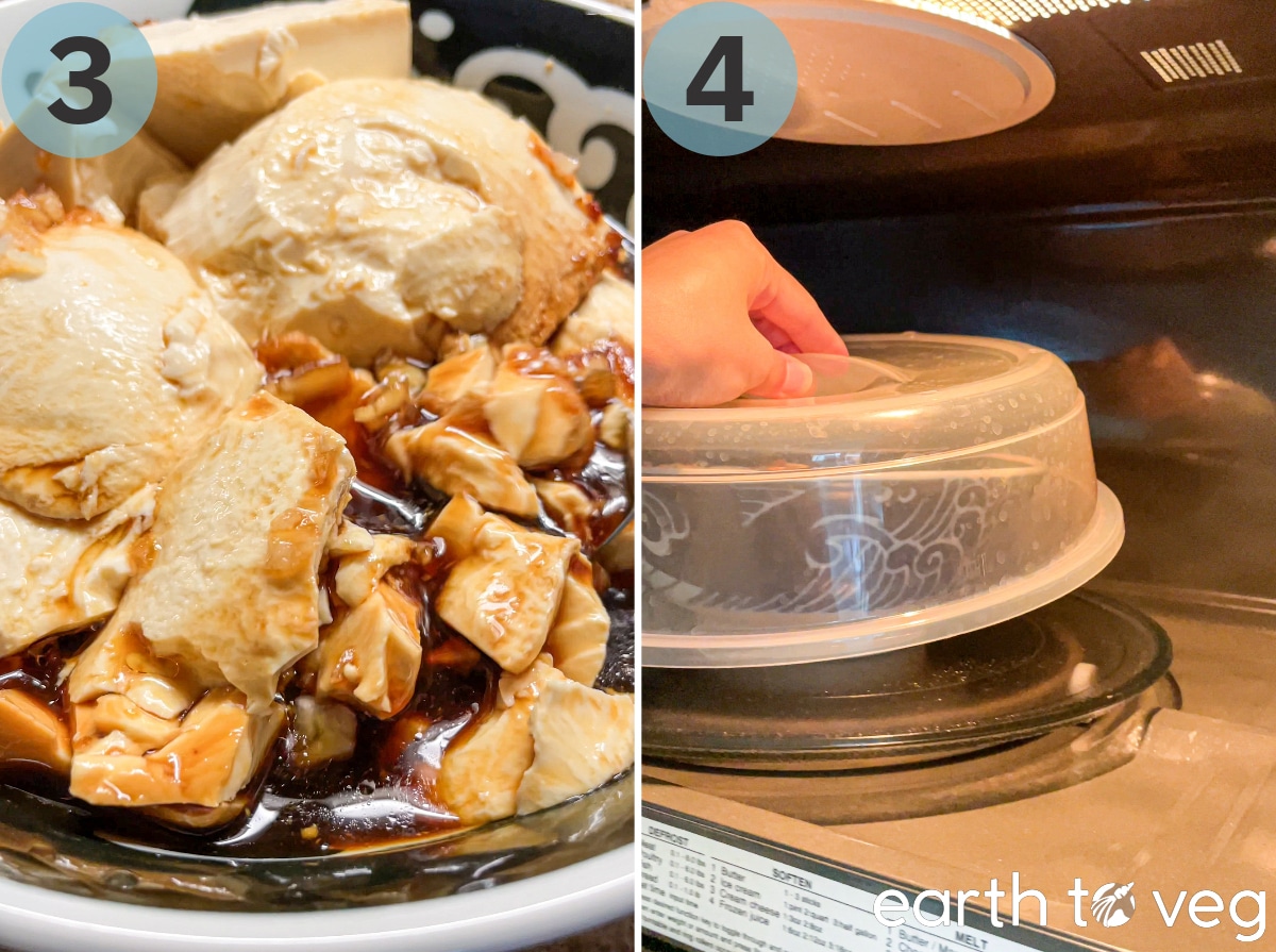 Steps 3 and 4 of making savoury doufunao: soy sauce is poured over a bowl of silken tofu which is then microwaved.