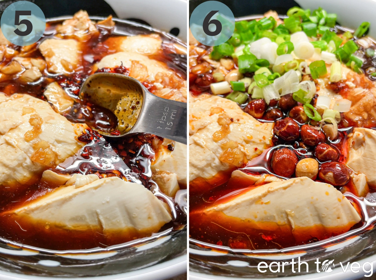 Steps 5 and 6 of making spicy douhua: Chili crisp is poured over the tofu and peanuts and scallions are scattered over top.