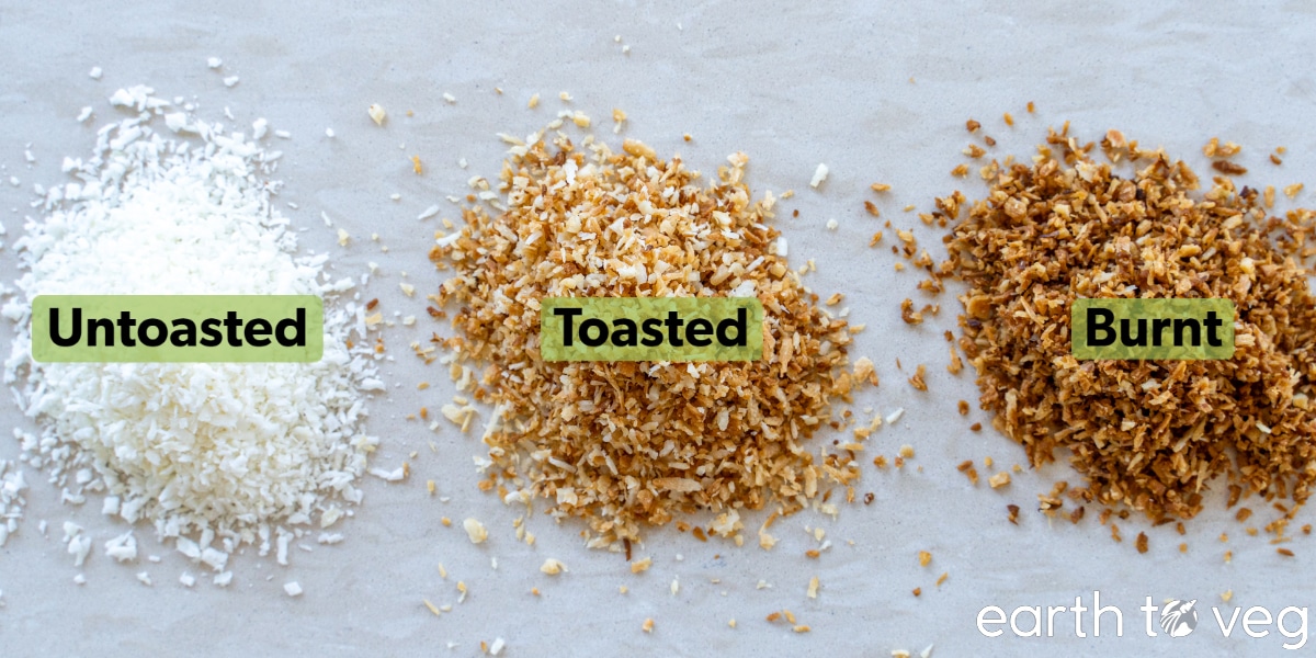 Comparison of untoasted coconut shreds vs perfectly toasted coconut vs overtoasted burnt coconut, on a grey vinyl tile.