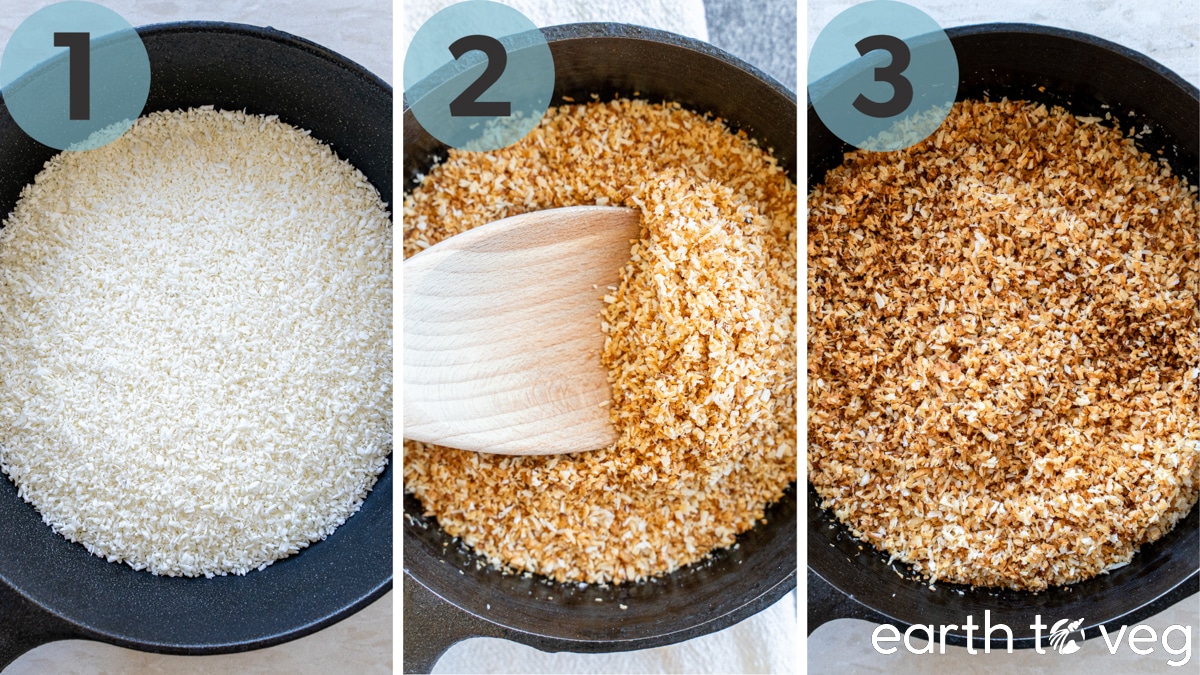 Three steps to toasting coconut in the skillet: 1) shredded coconut in a cast iron pan, 2) a wooden spatula stirs golden coconut around in the pan, 3) golden-brown toasted coconut in the skillet.